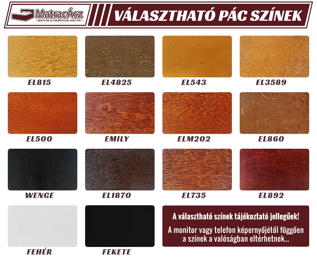 Ágymanufaktúra választható pác színek